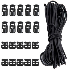 20 Pcs Plastic Cord Locks kit Elastic Bungee Nylon Shock Cord1/8 50 ft Lengths, DaKuan 10 Pcs Sing-Hole, 10 pcs Double-Hole (Black) End Spring Toggle Stopper Slider with Crafting Stretch String