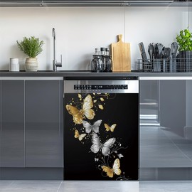 Retro Golden Butterfly Dishwasher Magnet Cover,Silver Butterfly Dishwasher Magnet Kitchen Art Decor, Waterproof Dishwasher Refrigerator Magnetic Sticker 23 W x 26 H Inch