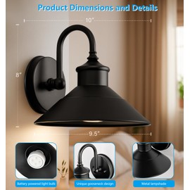 JOESA Battery Operated Wall Sconce Set of 2, Black Vintage Wireless Industrial Cordless Battery Powered Wall Sconces, for Bedroom Farmhouse Gallery