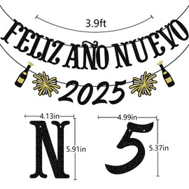Feliz Ano Nuevo 2025 Banner - Spanish New Years Eve Decorations & Party Supplies, Pre-strung Glitter
