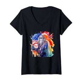 Womens Bigfoot Watercolor Artwork American Flag 4th Of July Art USA V-Neck T-Shirt