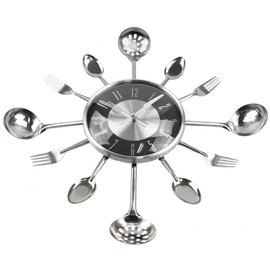Timelike Wall Clock, 18" Metal Kitchen Cutlery Utensil Spoon Fork Wall Clock Creative Modern Home Decor Antique Style Wall Watch (Black)