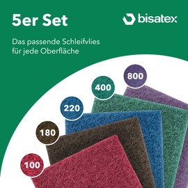 BISATEX® Sanding Fleece Set of 5 Assorted Grits P100-800 - Durable and Cut to Size Sanding Pads in 155 x 210 mm - Fleece for Sanding Wood, Metal and Plastic - 100% Made in Germany