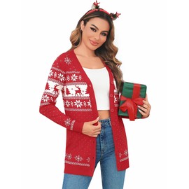 Crewhpo Christmas Cardigan, Women's Christmas Jacket for Women, Reindeer Pattern, Cardigan, Christmas, V-Neck, Long Cardigan, Christmas Winter Christmas Jumper with Snowflake Pattern, S-XXL, red