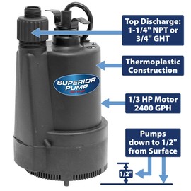 Superior Pump 91330 2400GPH Thermoplastic Submersible Utility Pump with 10-Foot Cord, 1/3 HP