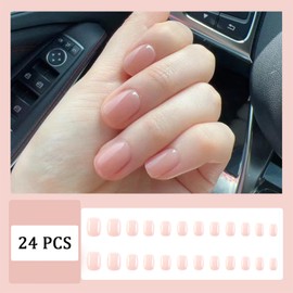 Nude Press on Nails Short Square Fake Nails with Solid Color Ice-Permeable Powder Designs Spring Summer False Nails Glossy Full Cover Stick on Nails for Women Daily Wear Manicure Decorations 24 Pcs
