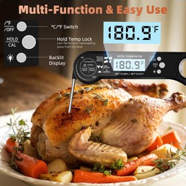 BEE&FLOWER Digital Meat Thermometer Instant Read,Candy Thermometer with LCD Backlight,Food Thermometer for Cooking, Foldable Probe Meat Thermometer Digital for Grilling Baking Frying (Black)