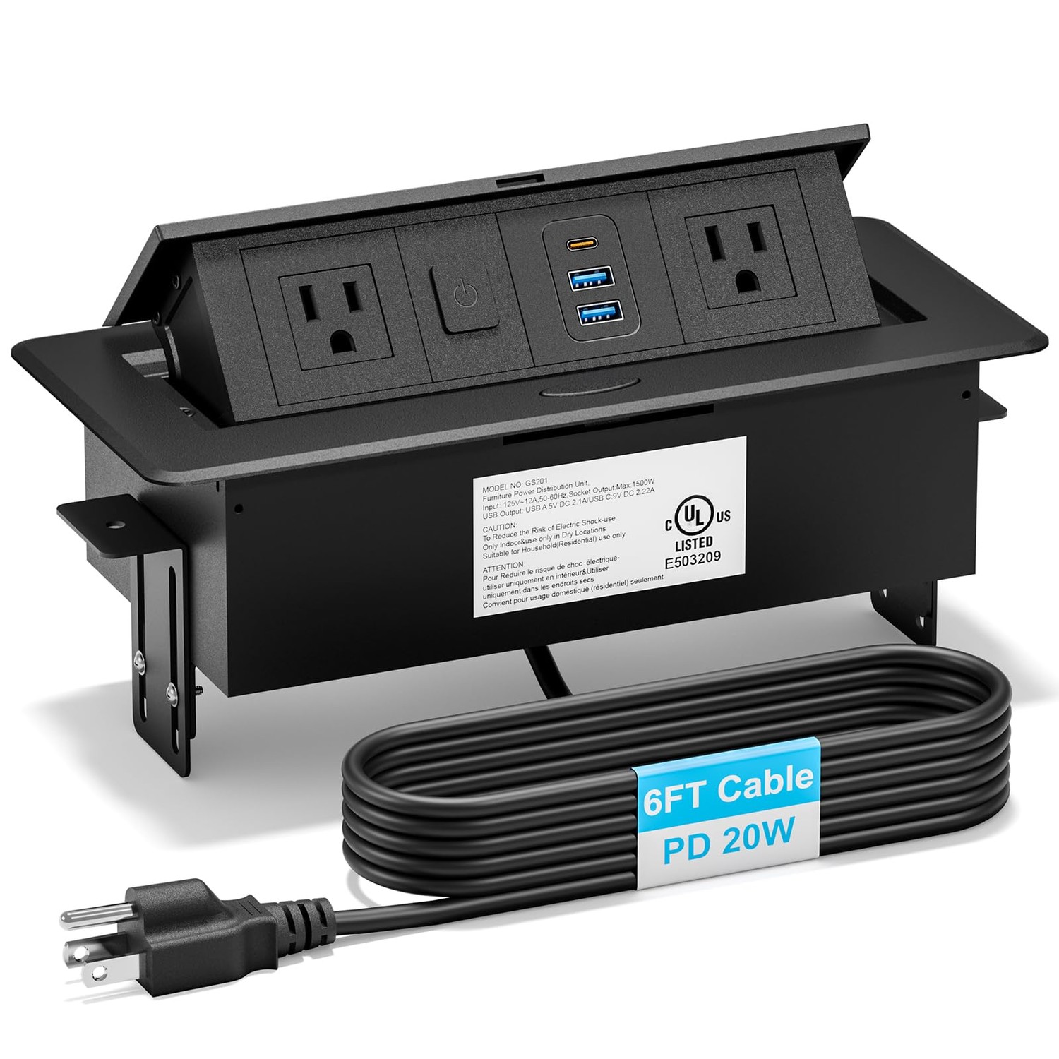 Recessed Power Strip with 2 AC, 2 USB-A, USB-C Ports, Pop Up Power ...