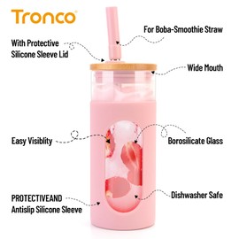 Tronco 20oz Glass Tumbler with Bamboo Lid and Straw, Reusable Iced Coffee Cup for Boba Tea, Smoothies & Cold Drinks, Spill-Proof Glass Cup with Silicone Sleeve, Dishwasher Safe, BPA-Free