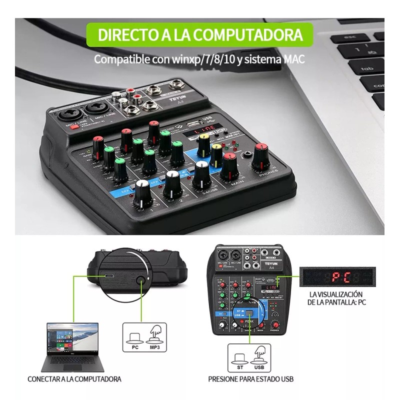 Teyun Mezclador Tarjeta De Audio De 4 Canales Bluetooth