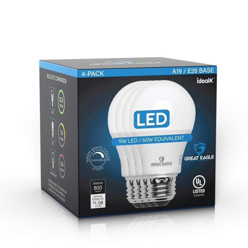 Great Eagle A19 LED Light Bulb, 9W (60W Equivalent), UL