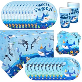 Shark Partygeschirr Set,Cute Shark Wiederverwendbare Geburtstag Geschirr Kit Abendessen Dessert Teller Servietten Tassen, Kinder Geburtstagsparty Tischdeko für 10 Personen