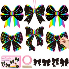 CY2SIDE Coquette Bow Scratch Cards - 60PCS DIY Bow Scratch Paper Craft for Kid, Funny Girl Coquette Knot Color Scrape Art Card, Magic Arty Rainbow Color Craft Ornament for School Classroom Art Project