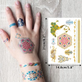 Aresvns Flash Temporary Tattoos for Women Peacock, 8 Sheets Waterproof Shiny Jewelry Tattoos,Gold Tattoo Metallic Tropical Hawaiian Fake Tattoo Stickers