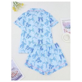 WDIRARA Women's 2 Piece Bow Print Pajama Set Short Sleeve Button Down Lounge Shorts Sleepwear Sets Blue Small