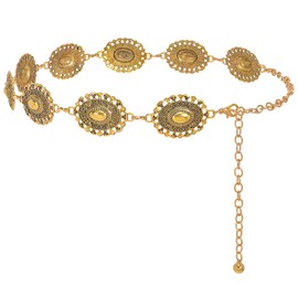 XZQTIVE Women's Boho Chain Belt for Dresses Jeans Western Cowgirl Waist Left Belt Oval Metal Concho Belt, 07 Matte Gold