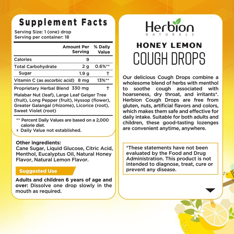 Herbion, Cough Drops Honey Lemon, 18 Count