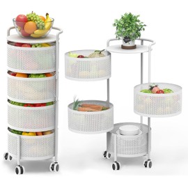 JAQ Rotating Storage Carts No Assembly, 4-Tier Round Storage Basket Rack Shelf Organizer on Rolling Wheels for Fruit Vegetables Grocery Corns Potato Onion Snack in Kitchen Pantry (4-Tier, White)