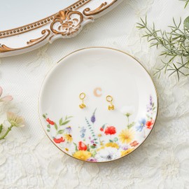 Crisky Ceramic Jewelry Tray Ring Dish, Decorative Trinket Dish for Rings Earrings Necklaces Keys Watch, Key Tray, Engagement Gift, Birthday for Women Friends, 4.57" (Flower Gold Foil C)