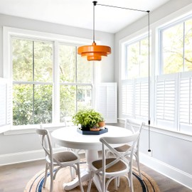 FCTWAKS Plug in Pendant Light, Mid Century Orange Hanging Lights with Plug in Cord, 3-Layer Metal Shade, Adjustable Pulley, Dimmable, Vintage Hanging Lamp for Bedroom, Kitchen Island, Dining Room