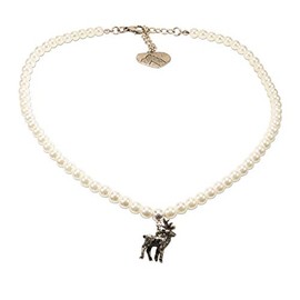 Alpenflüstern DHK239 Pearl Costume Necklace Deer Small Women's Costume Jewellery Dirndl Necklace in Black and Cream White, Metal, Pearl