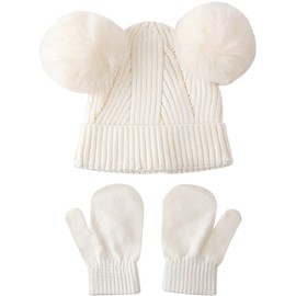 White Fang CZ454 Children's Knit Hat, Bonbon, Bear, Ears, Winter Gloves Set, Stylish, For Boys, Girls, Kids, white