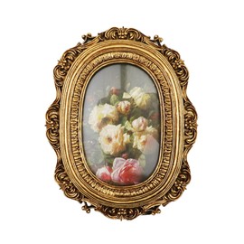 Bitray Antique Picture Frame 8.8" x 6.8" Oval Gold Photo Frame with Glass Front Table Top Display and Wall Hanging Home Decor