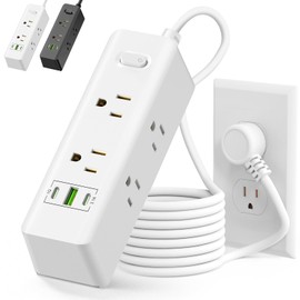 GALASALA Regleta Multicontacto Extension Electrica con Protector Supresor de Picos Voltaje, 1.8 M, Enchufe Plano, 6 Salidas, 3 USB (2 USB-C) Conector Multiple Sleek Socket para Hogar Oficina