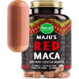 Maju Superfoods Organic Red Maca Root Capsules 120ct - Women Focused Curve Enhancement Nutrition Booster Pills, Gain for Thighs, Powder in Pill Supplement