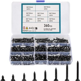 QOOSIKICC 360 Pieces Self-Tapping Screws Set, M4 Black Phillips Screws, Flat Head Tapping Screws, Wood Screws, Self-Drilling Countersunk Screws for Wood, Plastic, Soft Metal (M4)