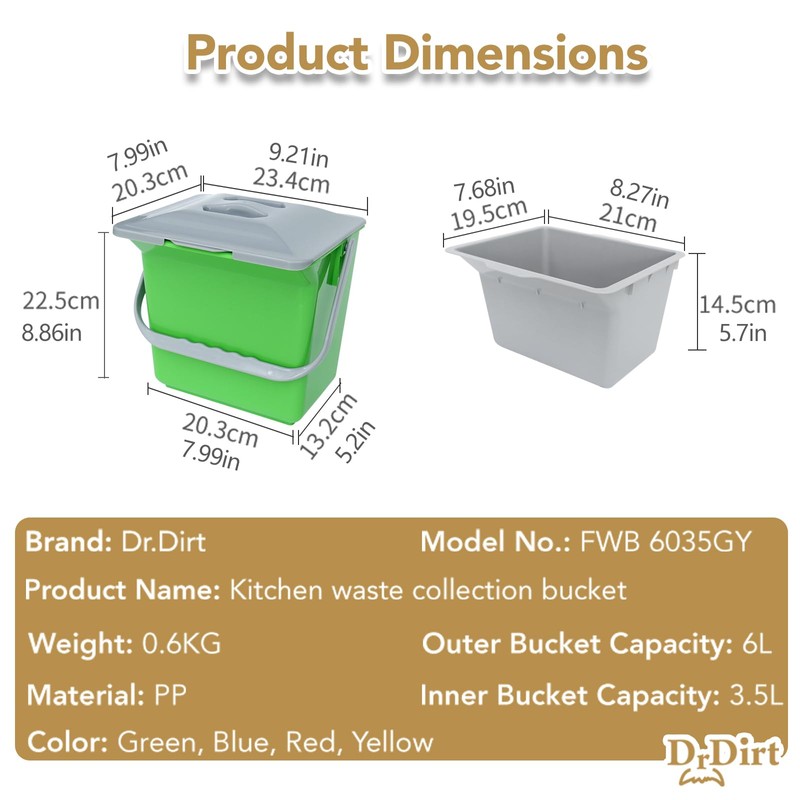 DrDirt Kitchen Compost Bin, 6L / 1.58 Gal Kitchen Compost