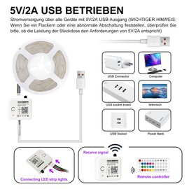 TTWAY 5 V USB LED Strip, COB RGB LED Strip 2 m, LED Strip Music Sync, App Control, Bluetooth RGB LED Strip, Colour Changing, Timer Setting, LED Strip for Home, Bedroom, TV, Kitchen Decoration (2 m)