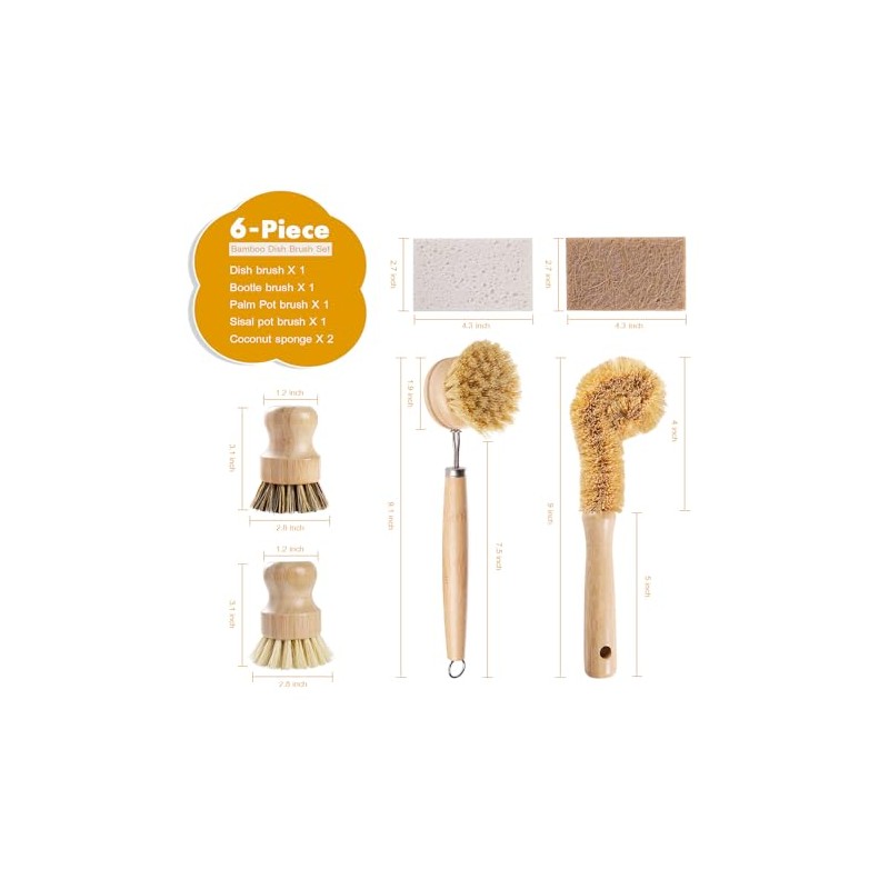 DEBETOOL 6-Piece Bamboo Dish Brush Set with Coconut Sponge |