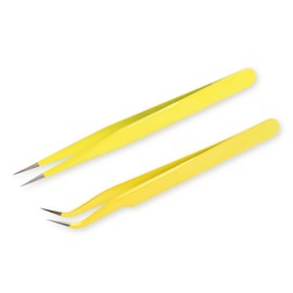 siyuwuro 2Pcs High Precision Stainless Steel Tweezers Set Straight and Curved Tip Eyelash Tweezers Kit Nippers for Eyelash Extensions, Nail Art, DIY Crafts, Jewelry-Making, Model (Yellow)
