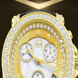 Ice House Gold &White Solitaire Dial 14K Gold Tone Real Diamonds Leather Band Watch W/Date