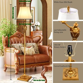 AIDENOEY Traditional LED Floor Lamp with 350° Adjustable – Vintage Pole lamp Swing arm for Living Room, Bedroom and Office – Rustic Upright Floor Light for Home Décor with Faux Silk Fabric Shade