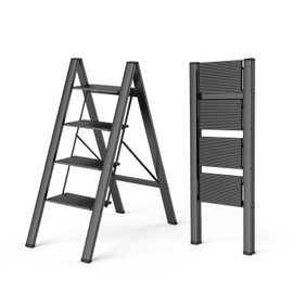 WOA WOA 4 Step Ladder, Foldable Step Stool, Aluminum Lightweight Ladder for Home Kitchen Closet, Anti-Slip Pedals, Ease of Folding, Portable, 300lbs Capacity - Black