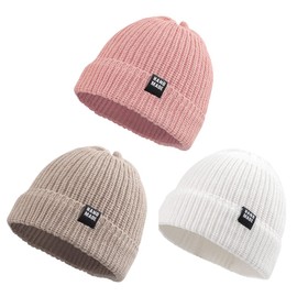 Pesaat Baby Hat Boys Knitted Hat Soft Cotton Girls Hat Children's Hat Warm Winter Hat 0-5 Years Winter Autumn, White + Pink + Beige
