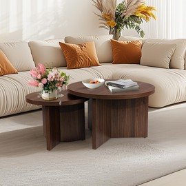 QuicMiou Round Nesting Coffee Tables Set of 2, Modern Stacking Table with Wood Grain Finish, End Table Side Tables for Living Room (Walnut)