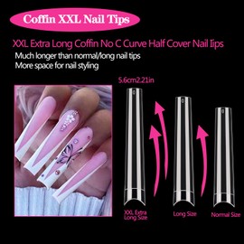 Extra Long Coffin Nail Tips No C Curve 240PCS XXXL Coffin Nails Clear Acrylic Nails Tips, Half Cover Long Coffin Press On Nails, Flat Acrylic Nail Tips False Nails For Nail Salon Home DIY,12 Sizes