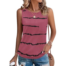 Zeagoo Tank Top Women's Sleeveless Tops Summer Tank Tops Women Casual Cami Vest Crew Neck Blouse Top Basic T Shirt Lightweight Tops with Pocket, Z-Dark Pink Stripes, S
