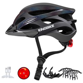 KINGBIKE Bike Helmet for Adult Men Women Youth Road Commute Mountain Cycling Helmets with USB Rechargeable Tail Light Replaceable Inner Pads and Visors Lightweight (Pearlescent Black, L/XL(58-61CM))