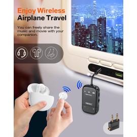 SUNITEC Airplane Bluetooth 5.3 Adapter for Audio Sharing to 2 Headphones or AirPods with aptX-Low Latency, 3.5mm AUX Wireless Audio Transmitter for TV, Travel, Flights, Airline, Gym