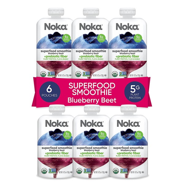 NOKA Superfood Pouches (Blueberry Beet) 6 Pack | 100% Organic Fruit And Veggie Smoothie Squeeze Packs | Non GMO, Gluten Free, Vegan, 5g Plant Protein | 4.2oz Each