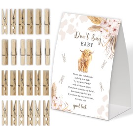 Boho Cow Don't Say Baby Game for Baby Shower, Pack of One 5x7 Sign and 50 Mini Natural Clothespins, Cow Baby Shower Decoration, Gender Neutral Party Supplies - SC22