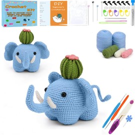 XIANFANG 2 PCS Easy Crochet Animals Starter Kit with Slowly Step-by-Step Video, Elephant Family Mothers Day Gifts DIY Knitting Supplies Kit for Beginners Adults and Kids