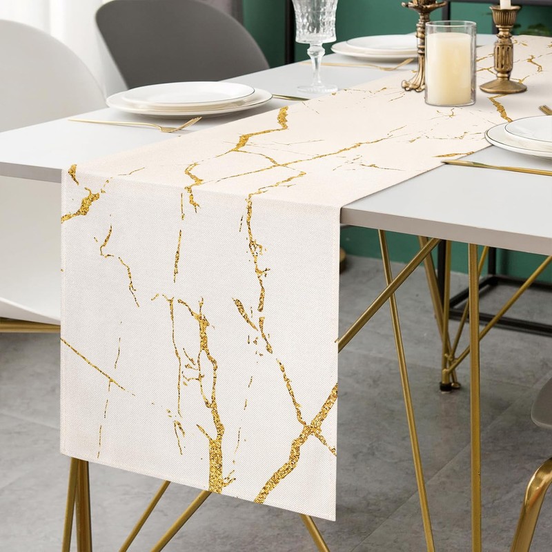 Table Runner Spring Summer Modern White Marble Golden Texture Tablecloth