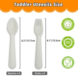 Muulaii 12 Pcs Kids Spoons and Forks Toddler Utensils Plastics Reusable Silverware Baby Cutlery Set Feeding Dinnerware Utensils BPA Free Microwave Dishwasher and Freezer Safe- White