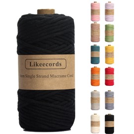 Likeecords 4mm Single Strand Macrame Cord 80m Colored Macrame Rope, Cotton Rope Macrame Yarn, Colorful Cotton Craft Cord Wall Hangings, Plant Hangers, Crafts (Black)