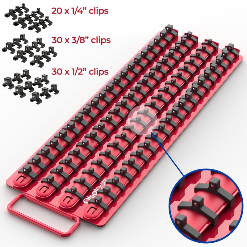 Olsa Tools Socket Organizer Tray - Portable Red Rail with